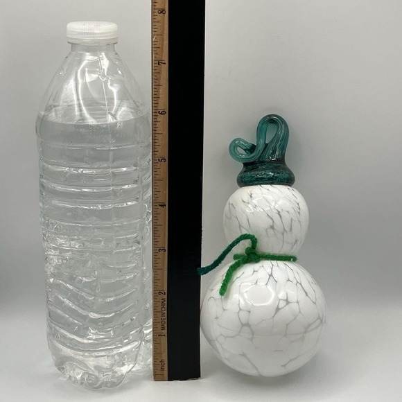 Glass Snowman Handblown Ornament Sculpture White Marbled / Emerald Hat Christmas - Picture 2 of 10